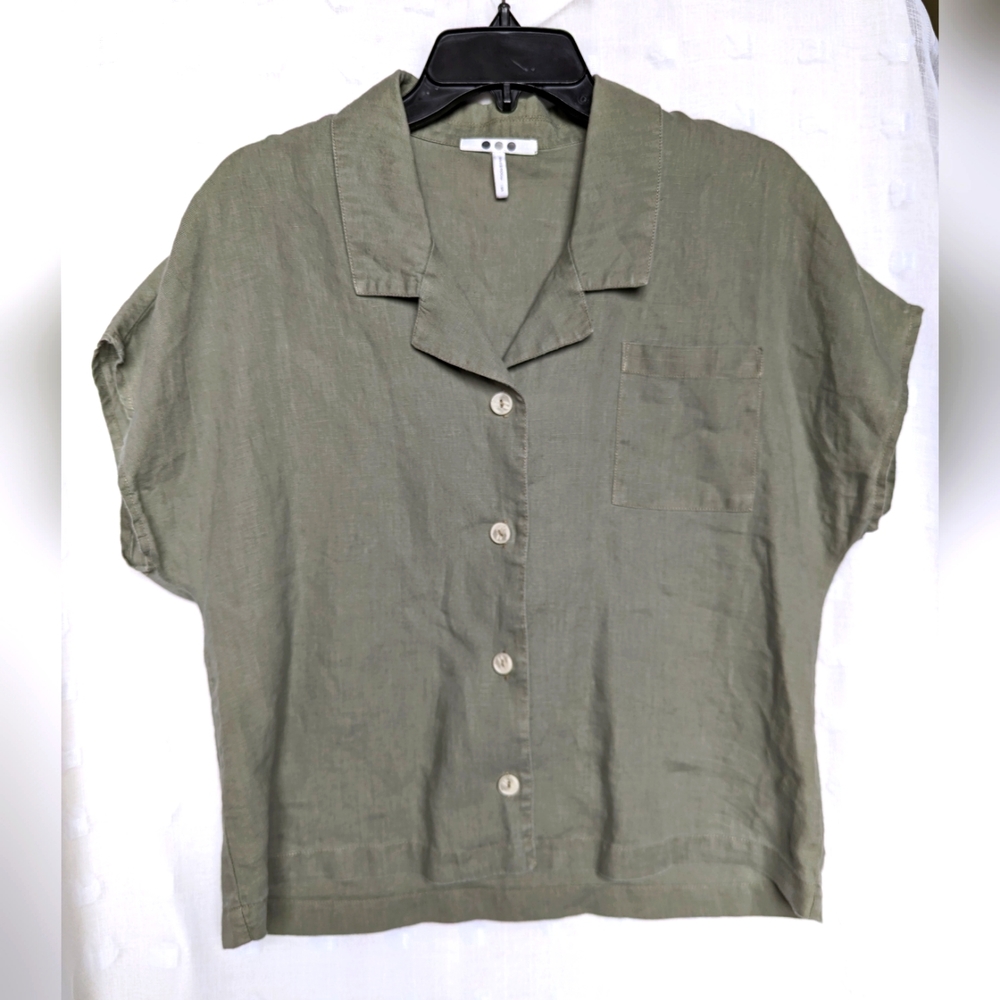 Three Dots 100% Linen Dolman Short Sleeve Boho Beachy Shirt Top